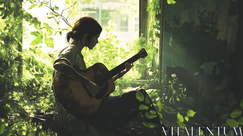 Young guitarist sits in overgrown ruined room with sunlight