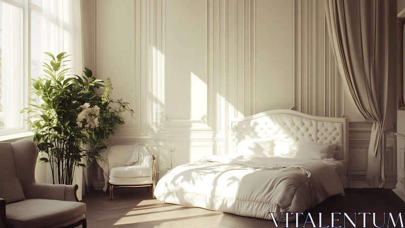 Soft morning light in a tranquil, elegant neutral bedroom.