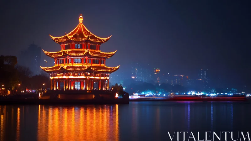 Golden riverside pagoda glows against a deep urban night