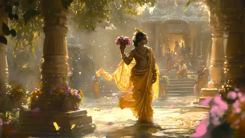 Golden-robed dancer glides through a sunlit temple garden
