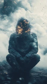 Hooded figure with disintegrating fiery head in smoke field.