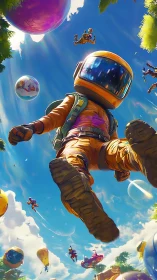 Astronaut figure descends toward viewer within stylized sky scene