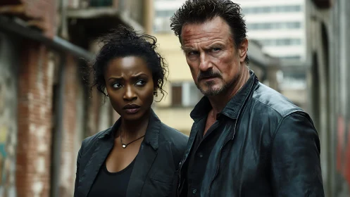 Two people standing in urban alleyway wearing dark jackets.