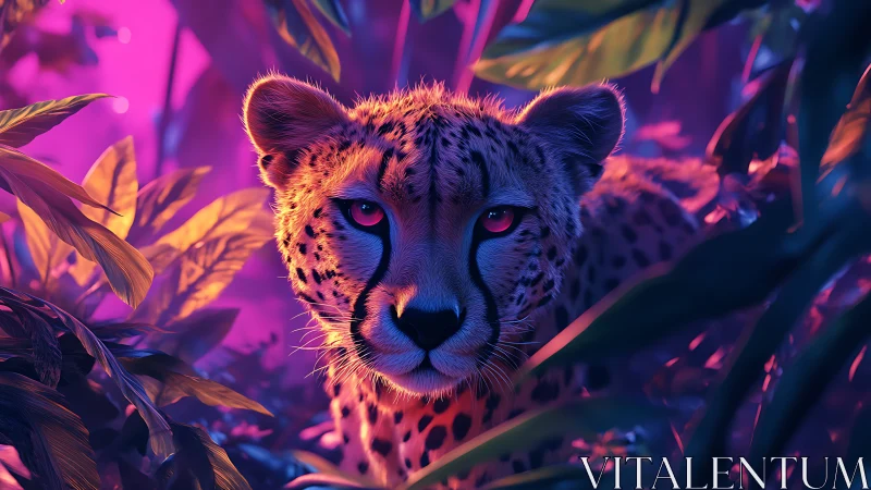 Digital rendering shows cheetah in dense foliage with neon light