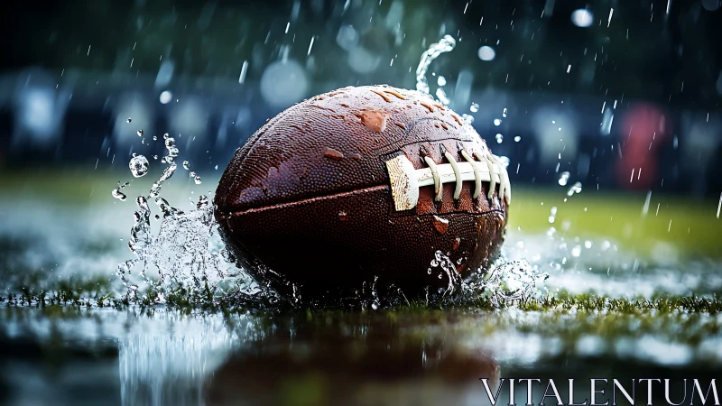Rain-soaked football rests on wet turf under dramatic downpour