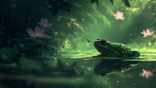 Dreamy forest pond with a content frog and soft pink blooms.