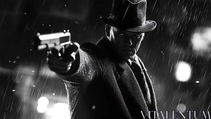 Man in overcoat aiming handgun in rainy night street scene.