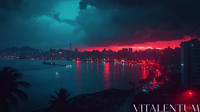 Neon-lit coastal skyline under cyan storm clouds glows intensely