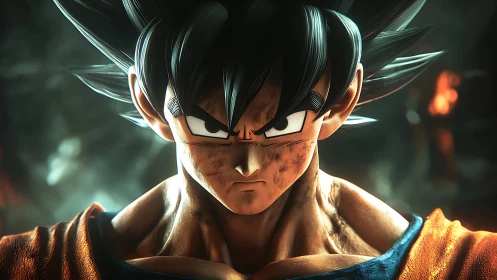 Cinematic 3D close-up of determined anime warrior in battle