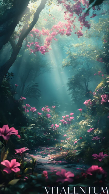 Digital painting of ethereal floral forest path with shafts of light.