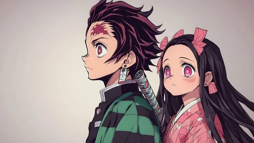 Anime siblings stand together with quiet, determined resolve.