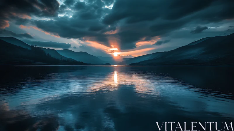 Moody mountain lake sunset captures serene reflective stillness