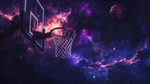 Cosmic basketball hoop integrates with nebular starfield panorama.