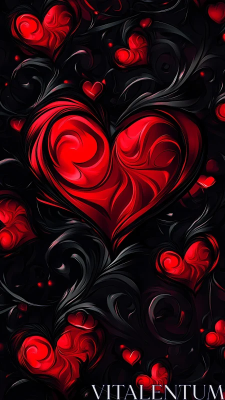 Luminescent Red Hearts with Baroque Swirl Ornaments on Obsidian Ground