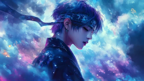 Side profile portrait of figure in blue cloudlike environment.