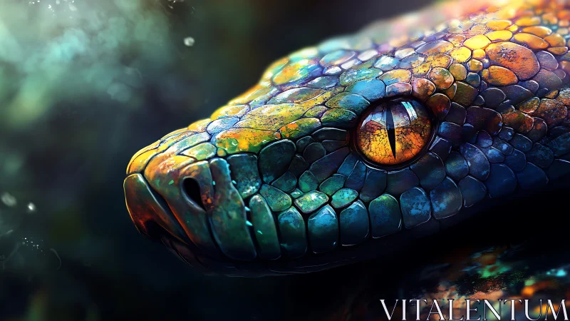 Iridescent serpent head glows under cinematic macro lighting.