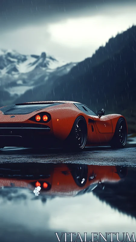 Red sports car on wet alpine road during rainfall.