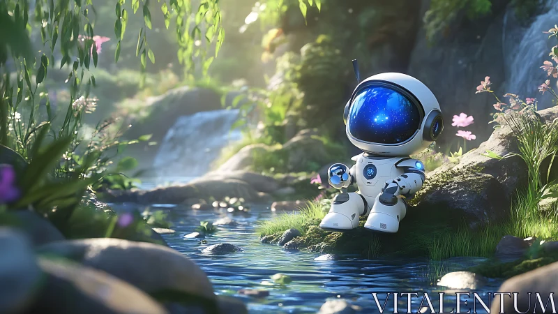 Small humanoid robot beside forest stream under soft light.