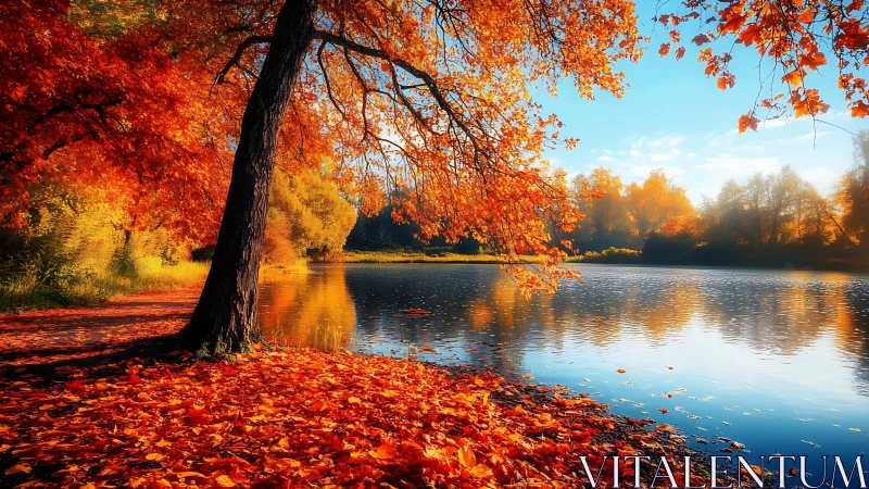 Autumn lake shoreline under vivid orange foliage glow.