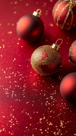 Red Christmas baubles rest on glittering festive backdrop