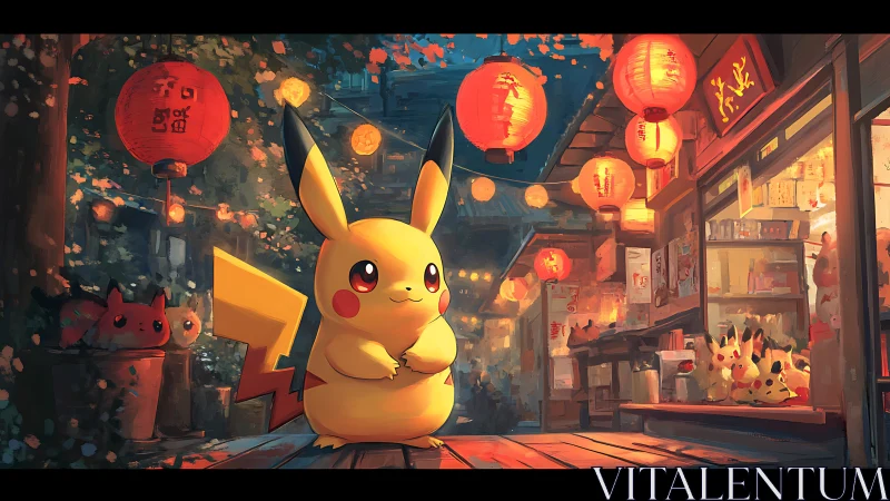 Pikachu illuminated under red lanterns in vibrant night market.