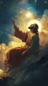 Celestial figure in radiant clouds beneath star-filled heavens.