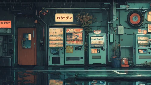 Neon-lit Japanese vending machines glow in rainy backstreet.