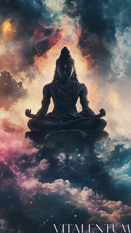 Cosmic meditating deity silhouette anchored in nebulous light
