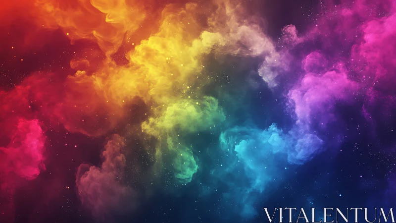 Colorful cosmic clouds drifting through a dreamy rainbow sky.