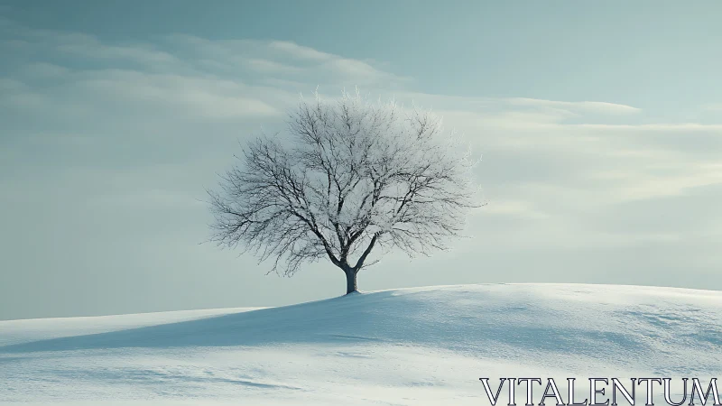 Solitary Tree on Snowy Hill in Minimalist Winter Landscape.