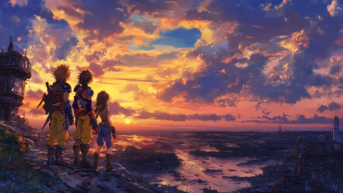 Brave friends greet a glowing sci fi sunset on the horizon