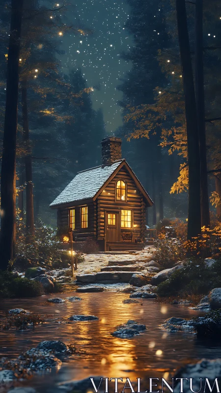 Cozy forest cabin glowing beside a gently sparkling stream.