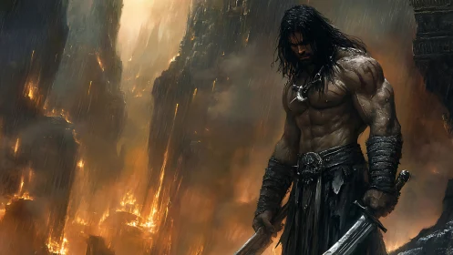 Battle worn warrior standing over burning canyon ruins.