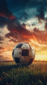 Weathered soccer ball rests under a dramatic sunset sky.