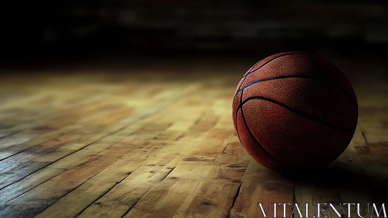 Lonely basketball rests on worn wooden gym floor in shadows.