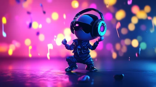Tiny DJ robot dancing under neon party lights with joy.