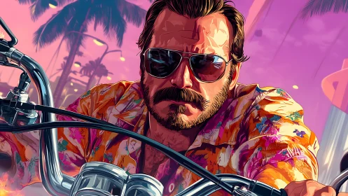 Retro biker speeds through neon sunset streets in style.