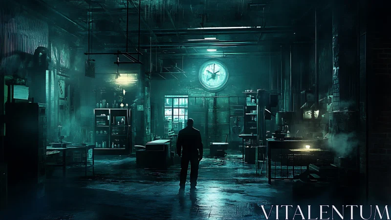 Midnight figure in abandoned industrial laboratory haze.