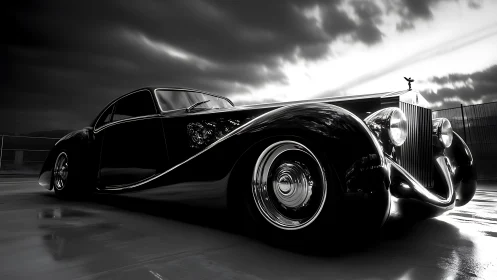 Monochrome low-angle portrait of vintage luxury coupe.