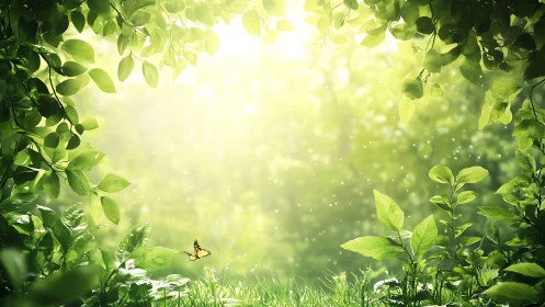 Sunlit Green Forest Glade with Butterfly in Dreamy Nature Art.