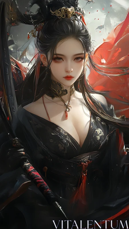 Scarlet warrior empress wrapped in stormlit elegance.