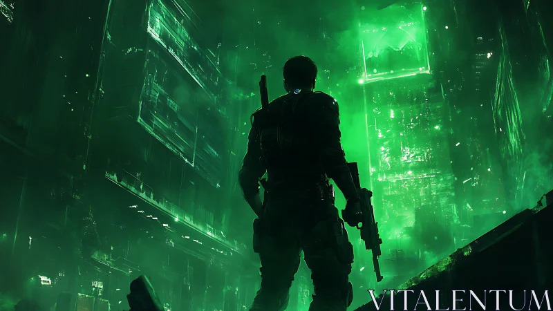 Armored operative surveys neon-occluded skyscrapers in toxic haze