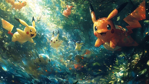 Playful Pikachu friends racing through a glowing forest trail.