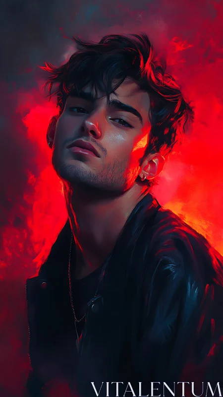 Moody digital portrait of young man in red neon haze.