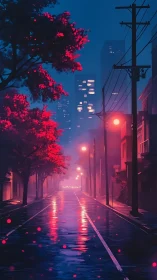 Nocturnal wet street renders neon-lit fog and reflective asphalt