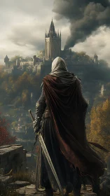 Hooded medieval swordsman surveying stormlit besieged citadel