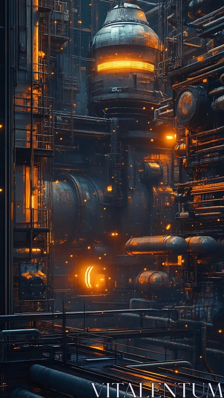 Vertical cyber-industrial reactor core glows in dense pipework