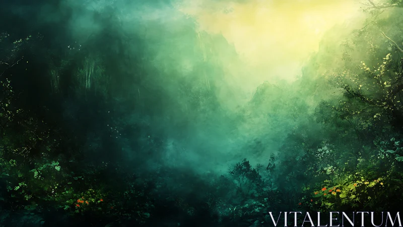 Luminous Forest Gorge: Atmospheric Digital Landscape.