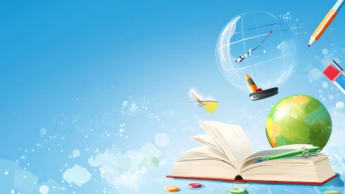 Digital painting of global learning tools in dynamic composition.