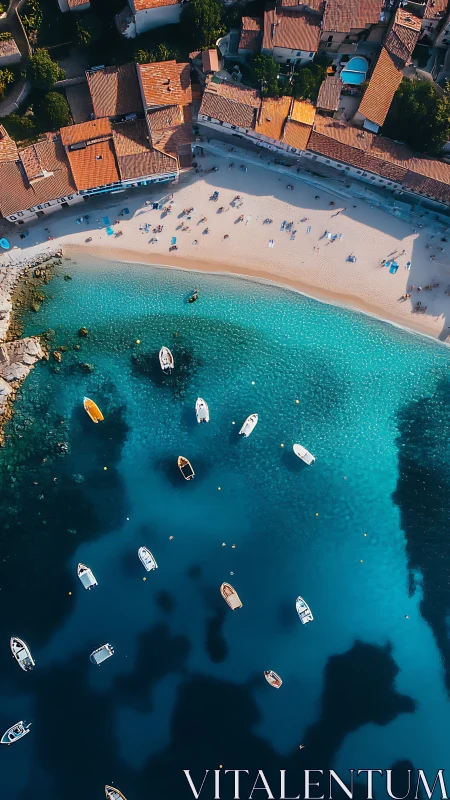 Sunlit coastal village overlooks tranquil turquoise bay dotted with boats.